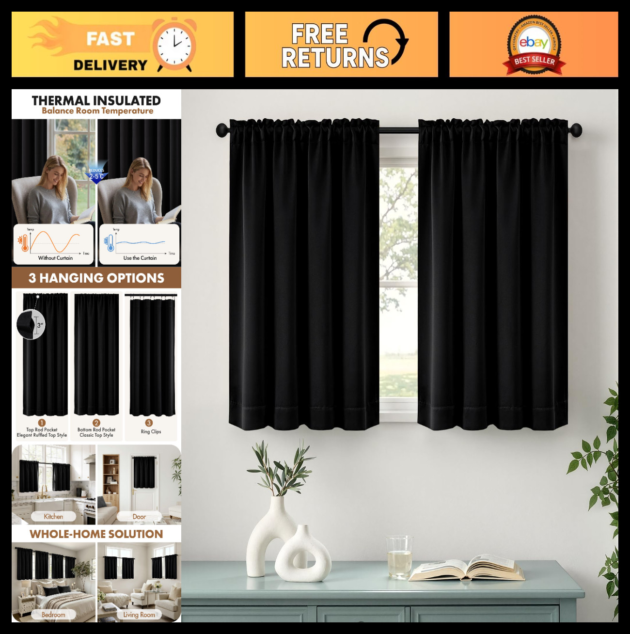 Blackout Curtains 36″ Long – 2 Panels Room Darkening Drapes for Small Windows, P