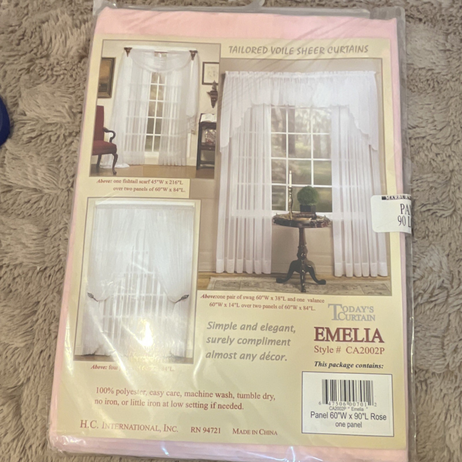 Today’s Curtain Emelia Rod Pocket Sheer Panel Polyester 60x90in Rose