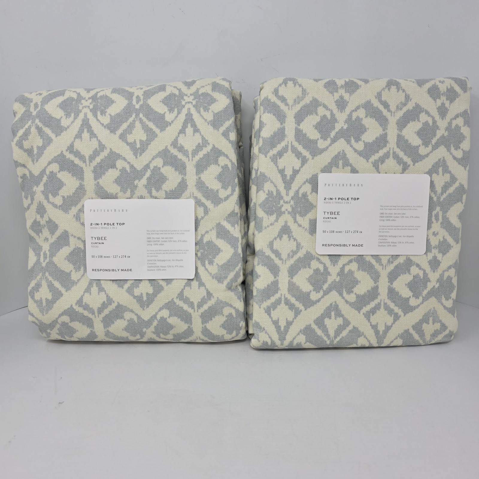 Pottery Barn Tybee Printed Linen Cotton Curtains set 2 50″x108″ Sea Glass TWO