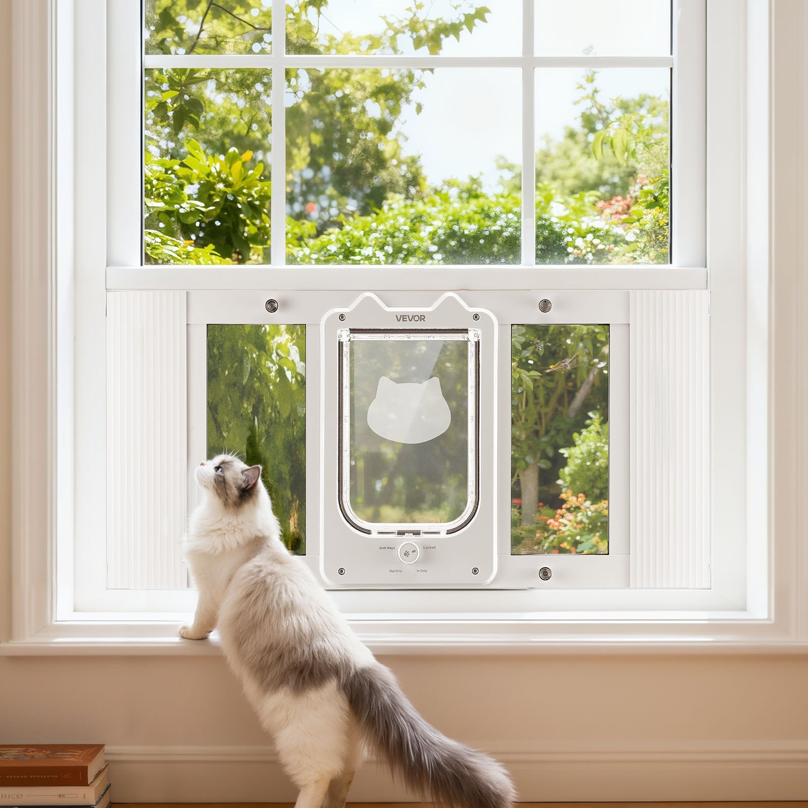 Cat Door for Window, Adjustable to Fit Window Width 27″-32″, 4 Secure Lock Modes