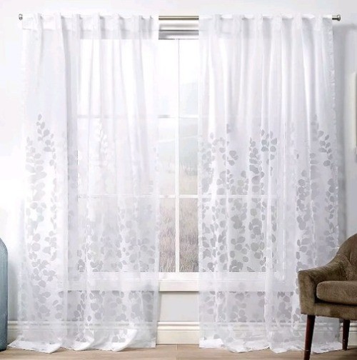 Exclusive Home Wilshire Sheer Curtains 54×84 White Rod Pocket Leaf Panel Pair