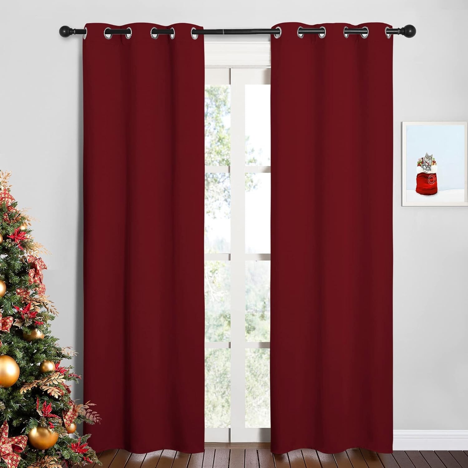 2 PCS Burgundy Red 84″L x 34″W Solid Grommet Darkening Curtains For Bedroom