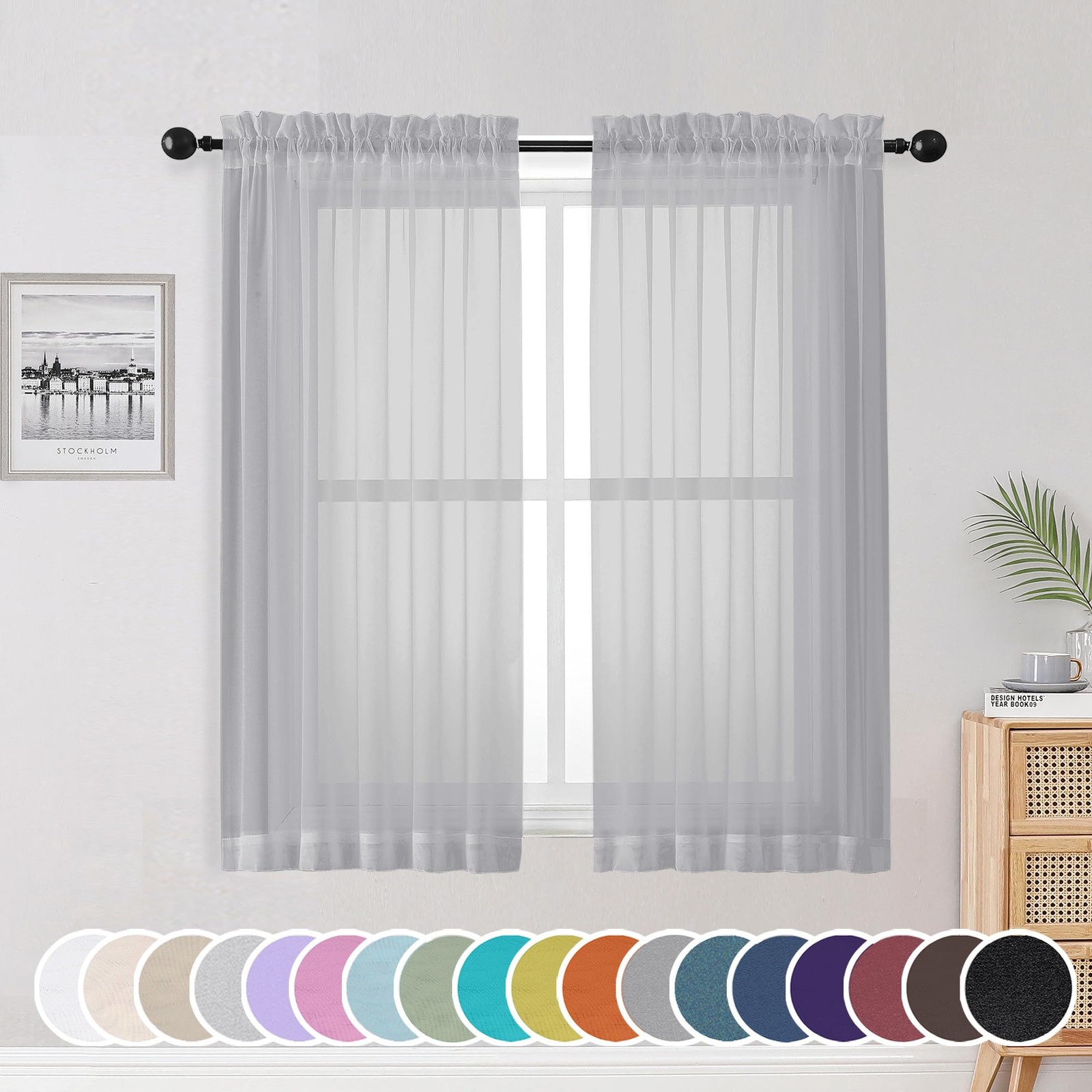 Airy Sheer Curtain Panels, 54 Inch Length, Rod Pocket, Grey