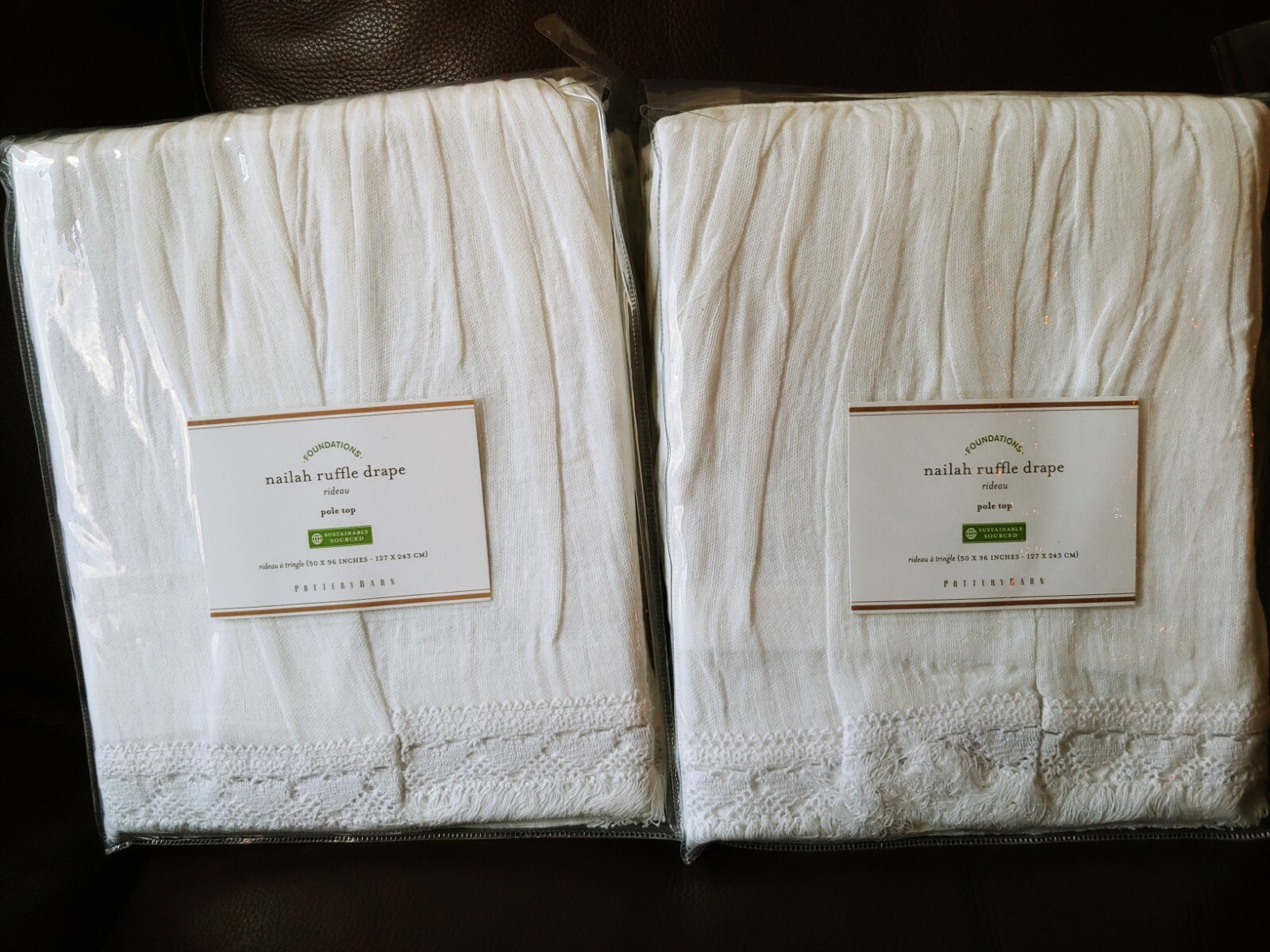 2pc Pottery Barn Nailah Ruffle Curtain Drape 50 x 96” White Pair NEW