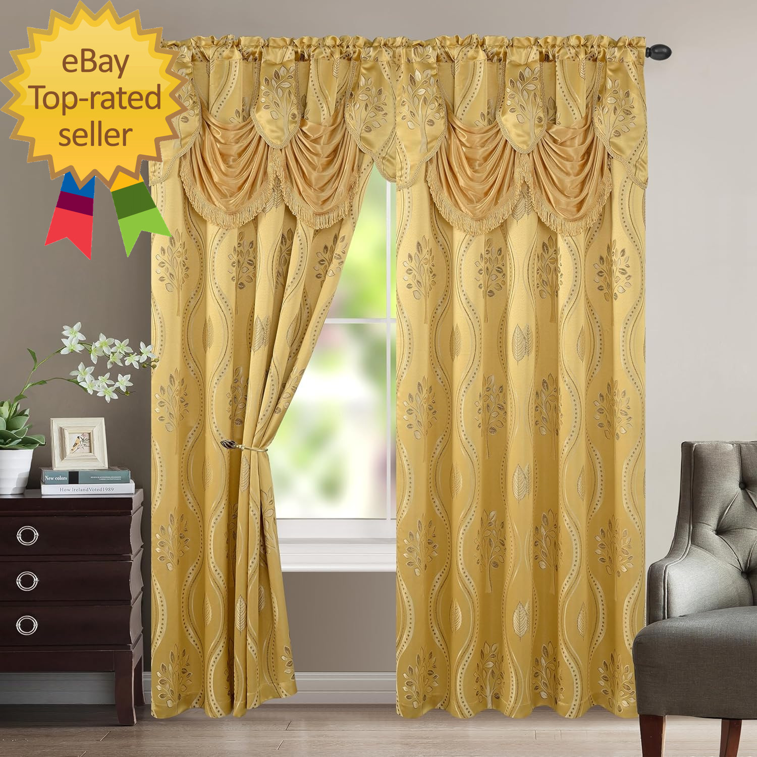 Aurora Jacquard Look Curtain Panel Set with Attached Valance 54 X 84 Inch