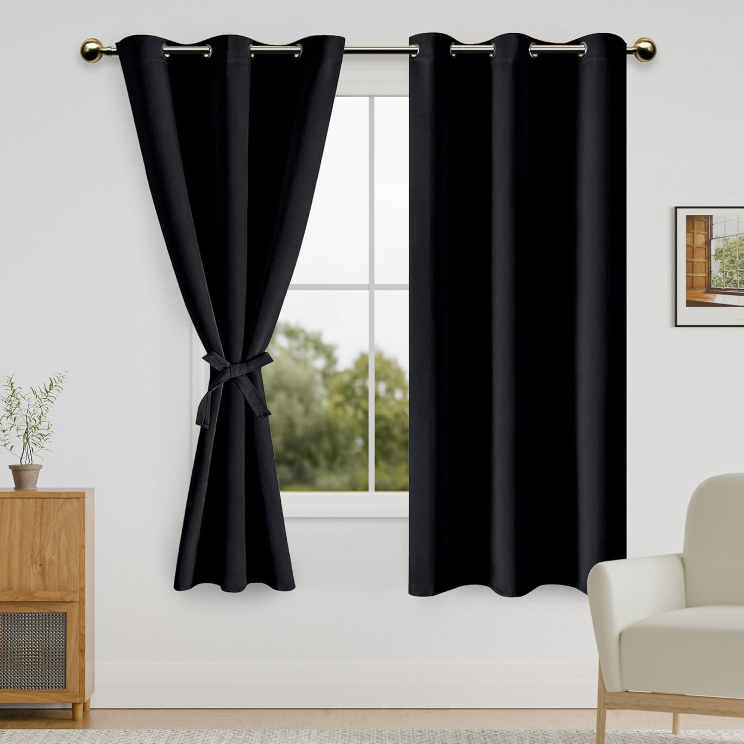 Black Blackout Curtains for Bedroom Sewn with Tiebacks – Thermal Insulated Light