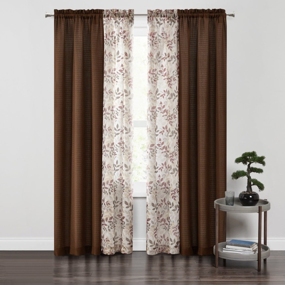 Curtain and Sheers Set, 4 Panels, Brown, 27.5″ W x 84” L