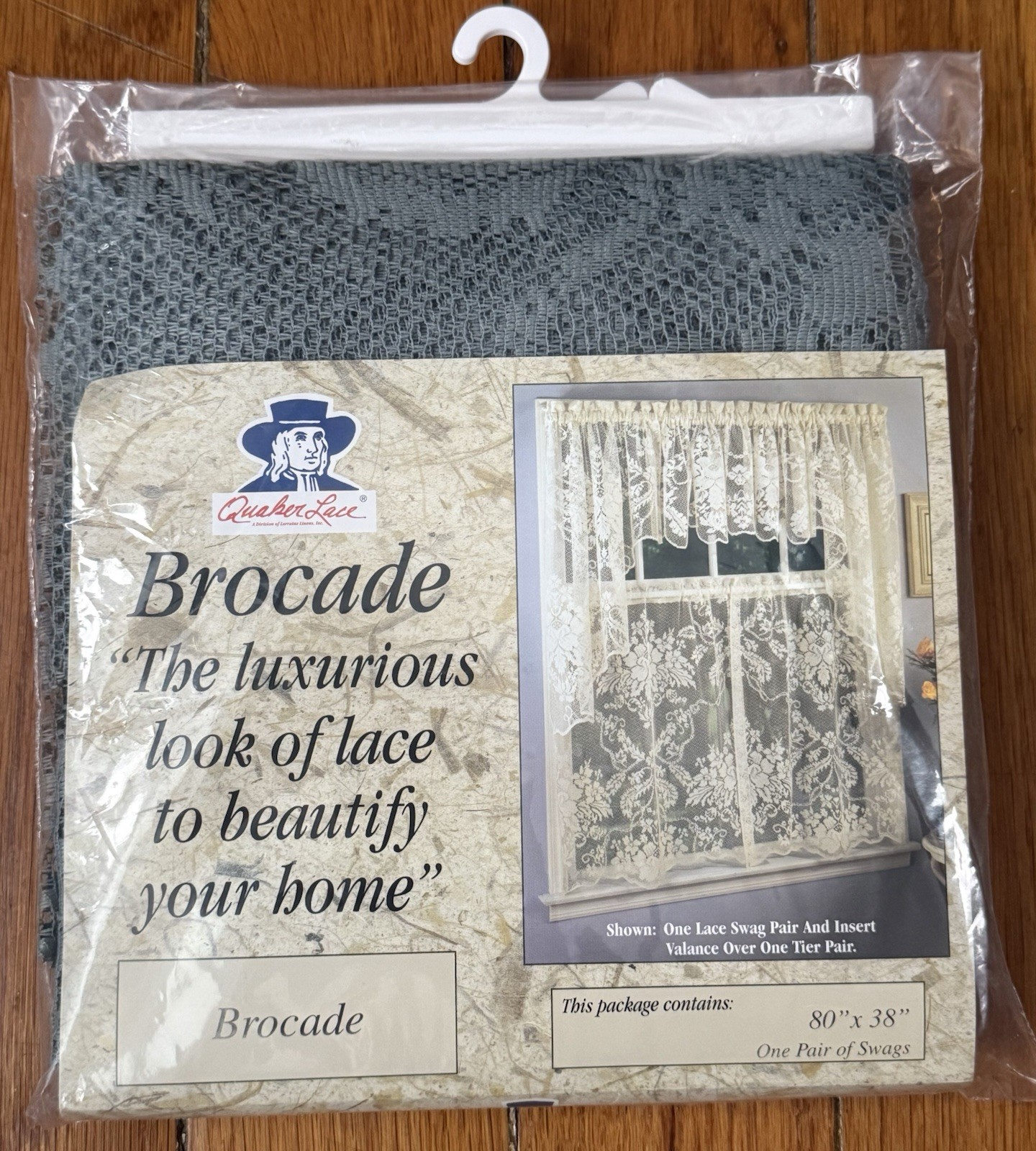 NOS Vintage Quaker Lace Brocade One Pair of Swags 80”Wx38”H Sage Green New