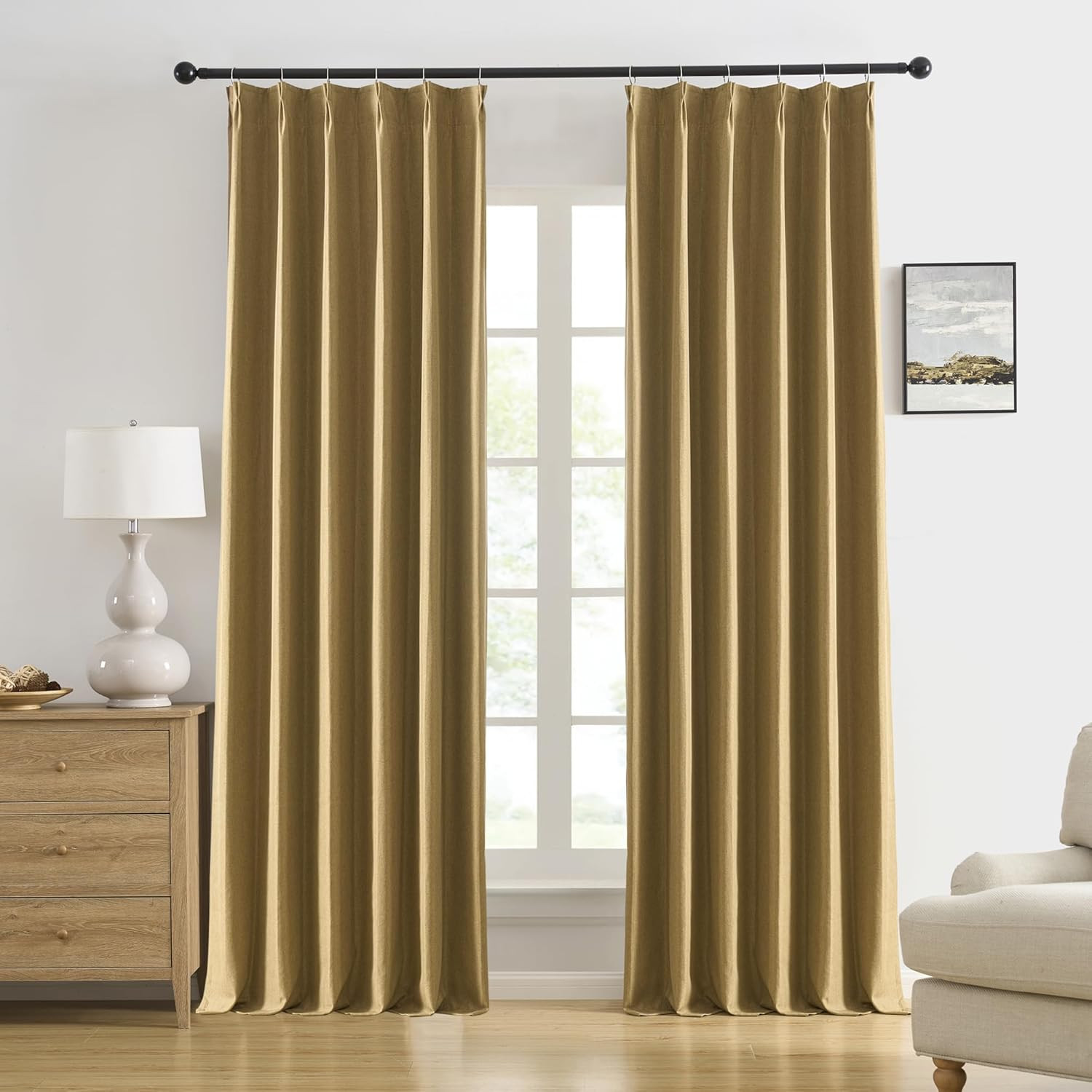 Gold Tan Blackout Curtains 108″ Long, Thermal Insulated, 2 Panels