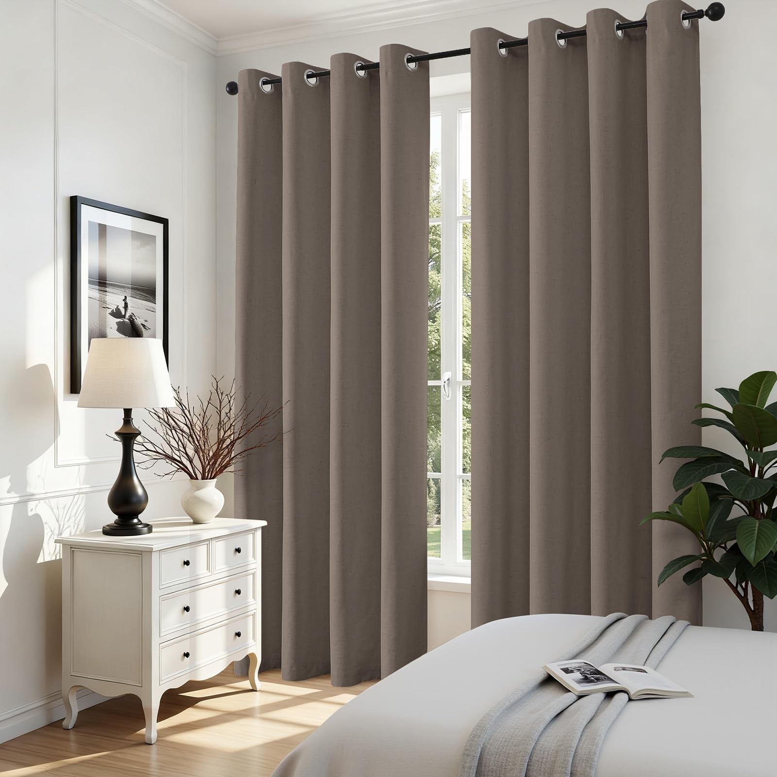 Brown Linen Blackout Curtains 108 Inches Long 2 Panels Set, Grommet Room Dark…