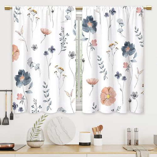 Boho Blue Flower Kitchen Curtains Rustic Floral Plant Wildflower Bathroom