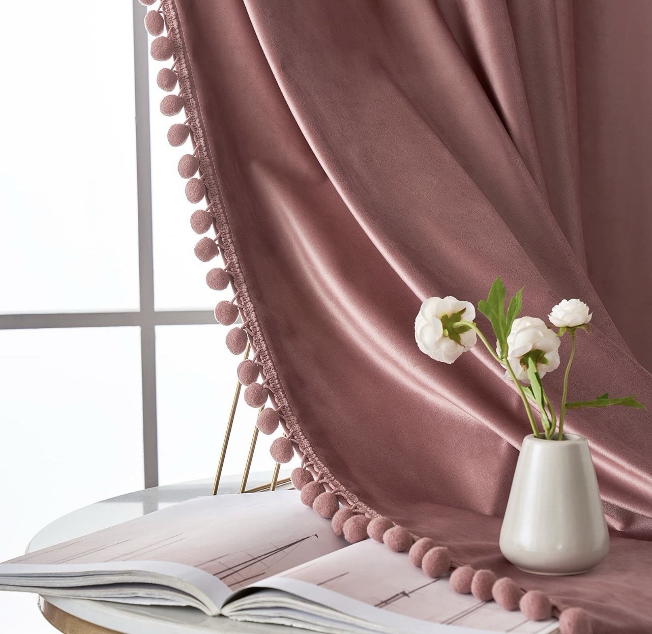 MIULEE Blush Dusty Rose Pom Pom Velvet Curtains fBedroom/Living Room Darken.