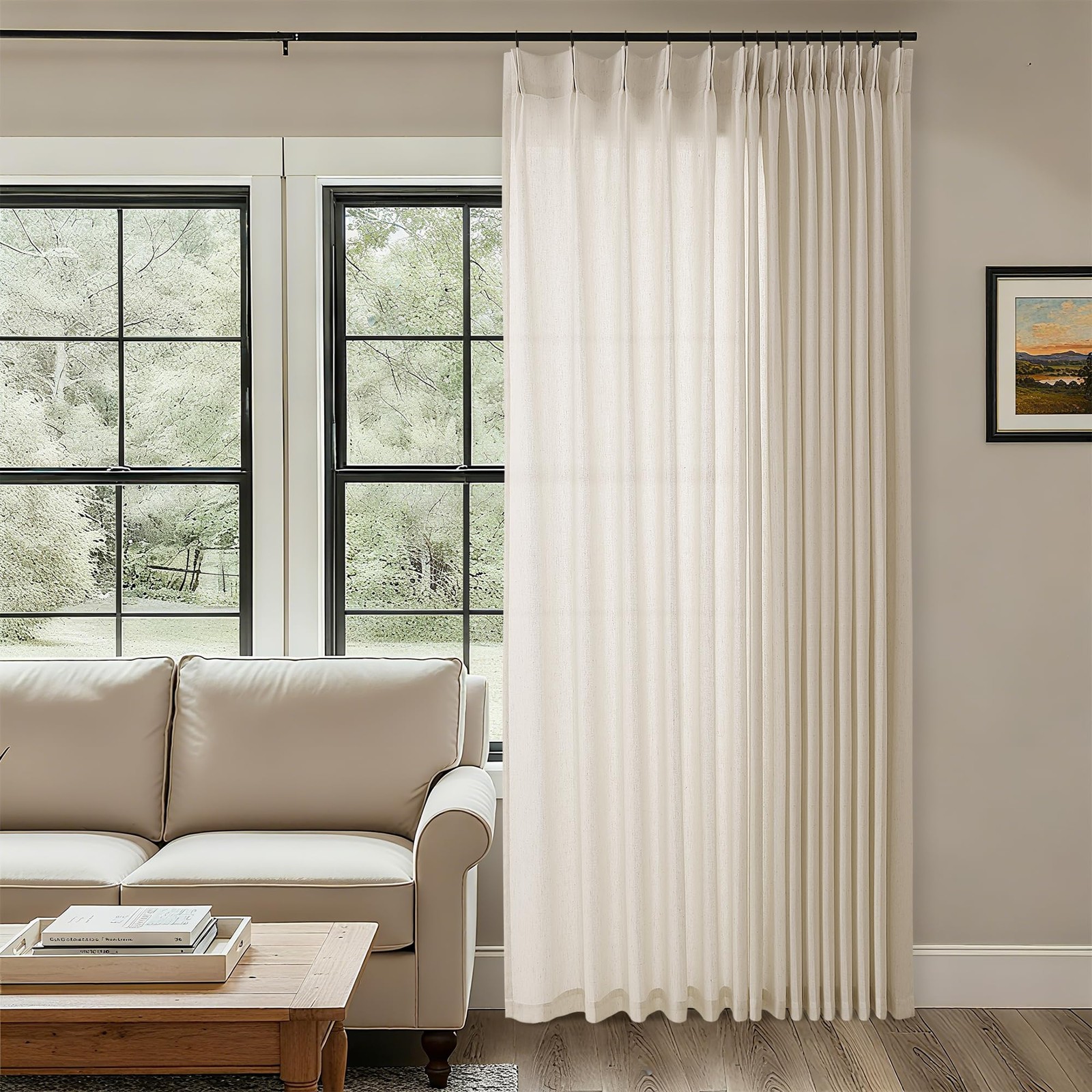 Extra Wide Pinch Pleat Linen Curtains 100×84 Inch Cream Beige – Light Filtering