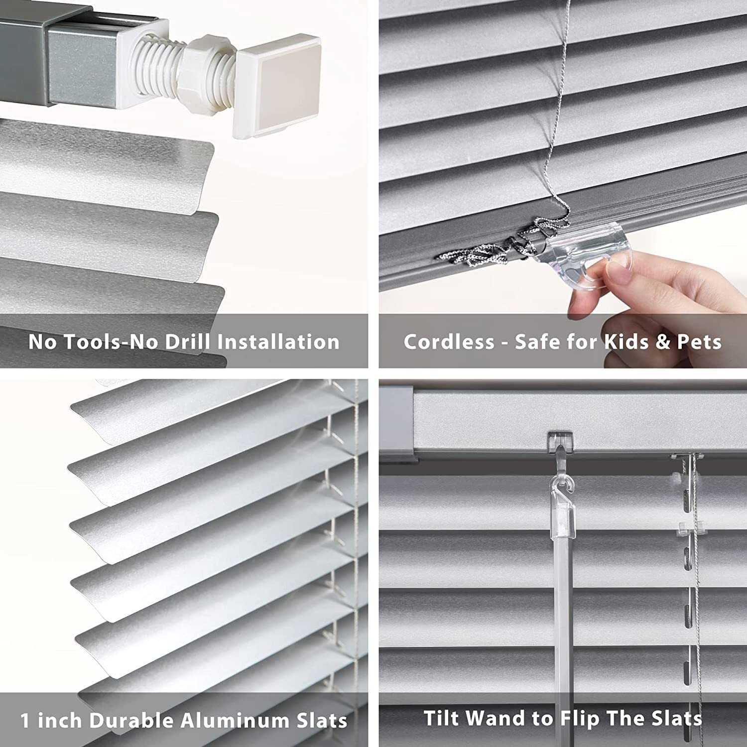 Lazblinds No Tools-No Drill 1 Aluminum Mini Blinds Cordless Blinds For Indoor