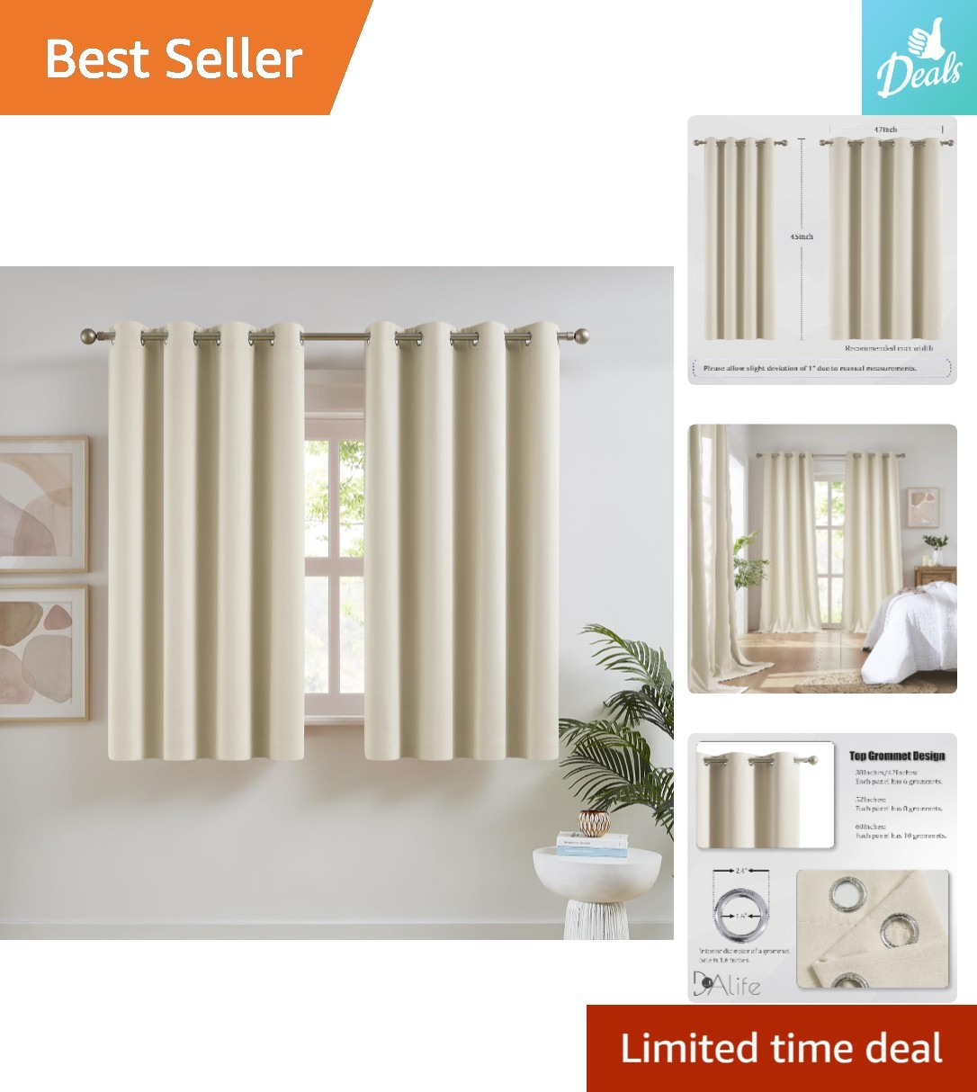 Thermal Insulated Drapes in Buttercream for Small Windows – 52×45 Inch