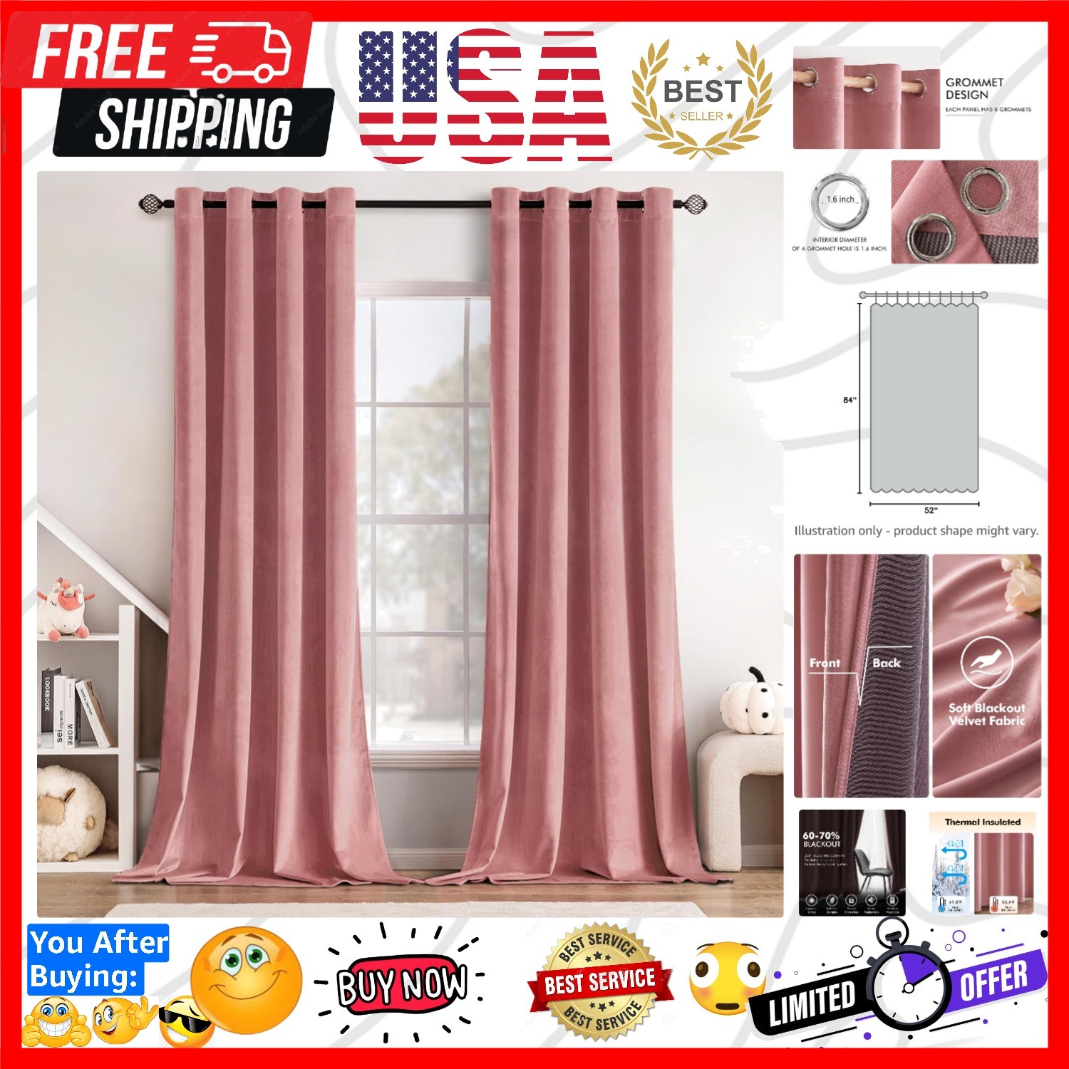 Blush Pink Velvet Curtains Thermal Insulated Soundproof Room Darkening Blacko…
