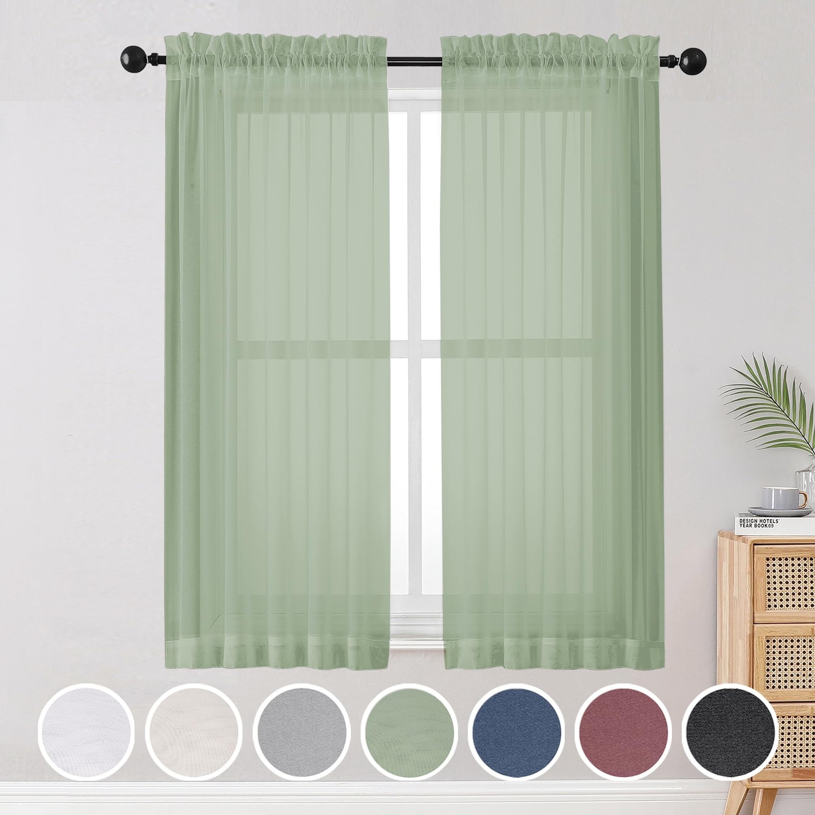 Sage Green Sheer Curtains Light Filtering 42×54 Inches 2 Panels