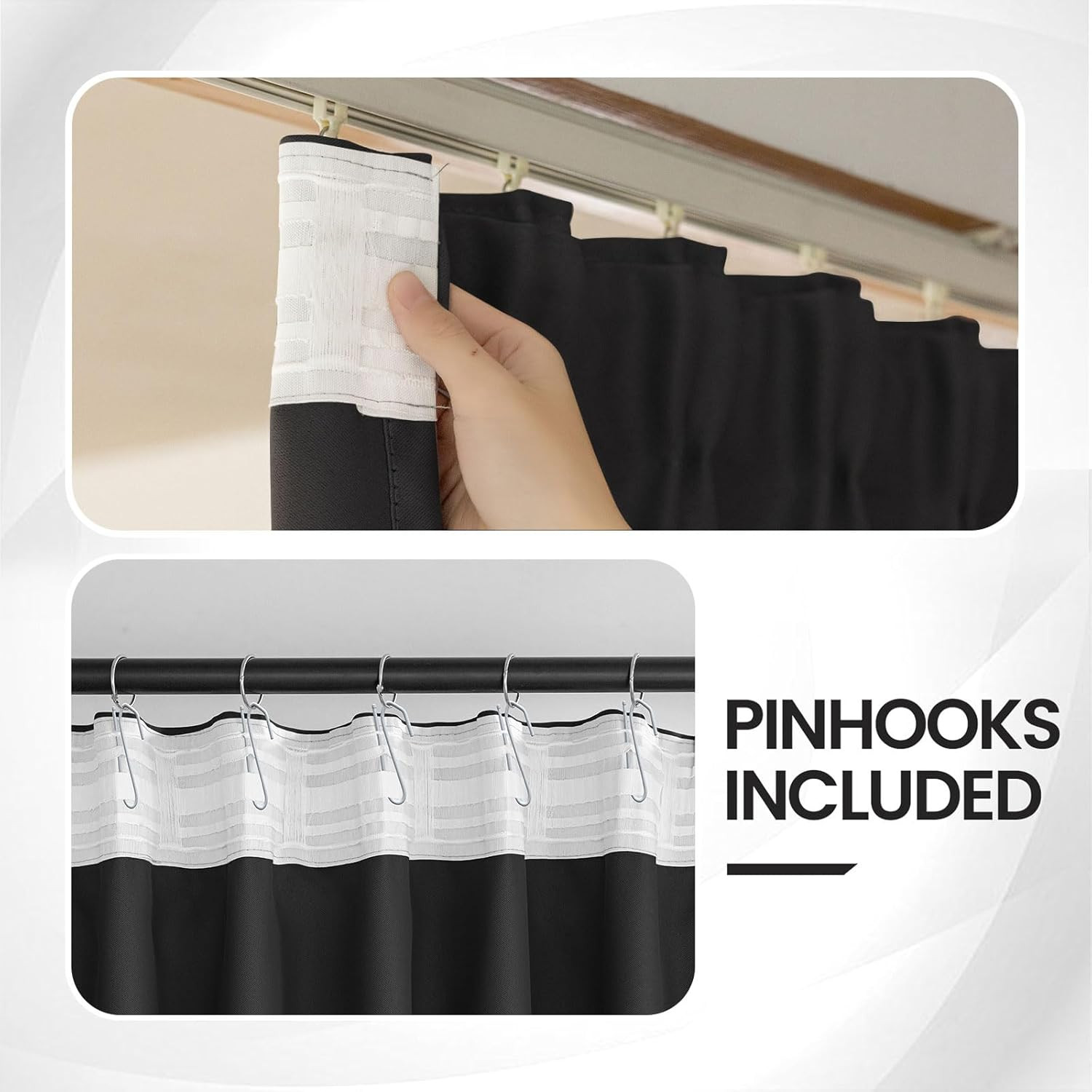 Black Thermal Insulated Blackout Curtains 63 Inches Long – Back Tab Top and Rod