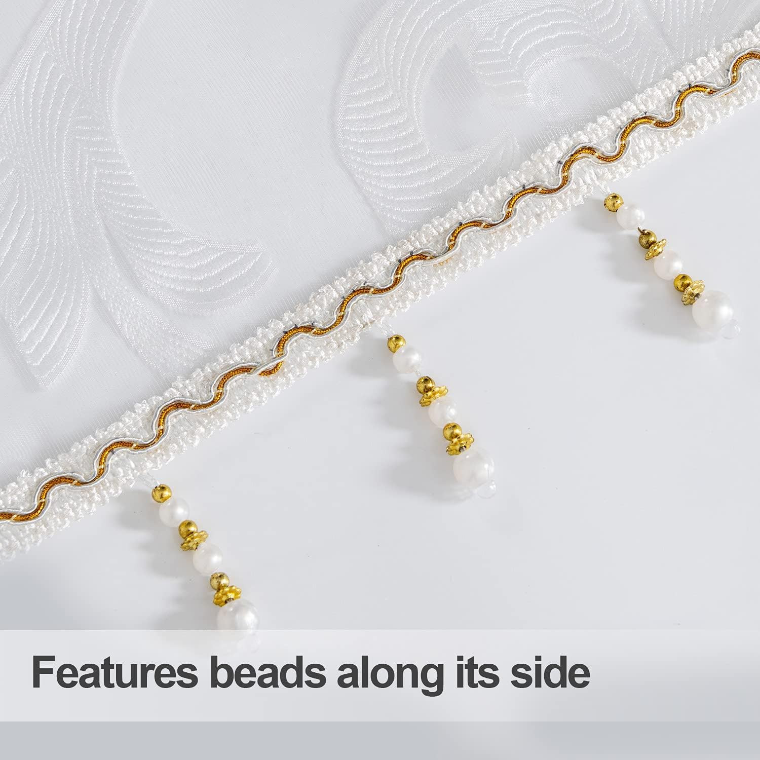 Elegant White Organza Waterfall Valance with Beaded Tassel Trim, 40 x 17 Inch