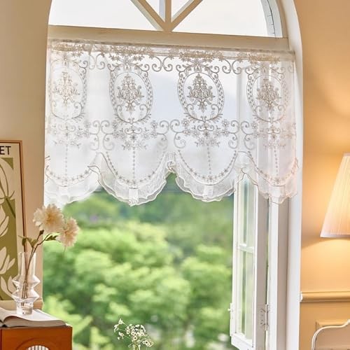 Short Lace Valances for Windows, Ruffle Lace Pearl 43″W x 26″L (Pack of 1)