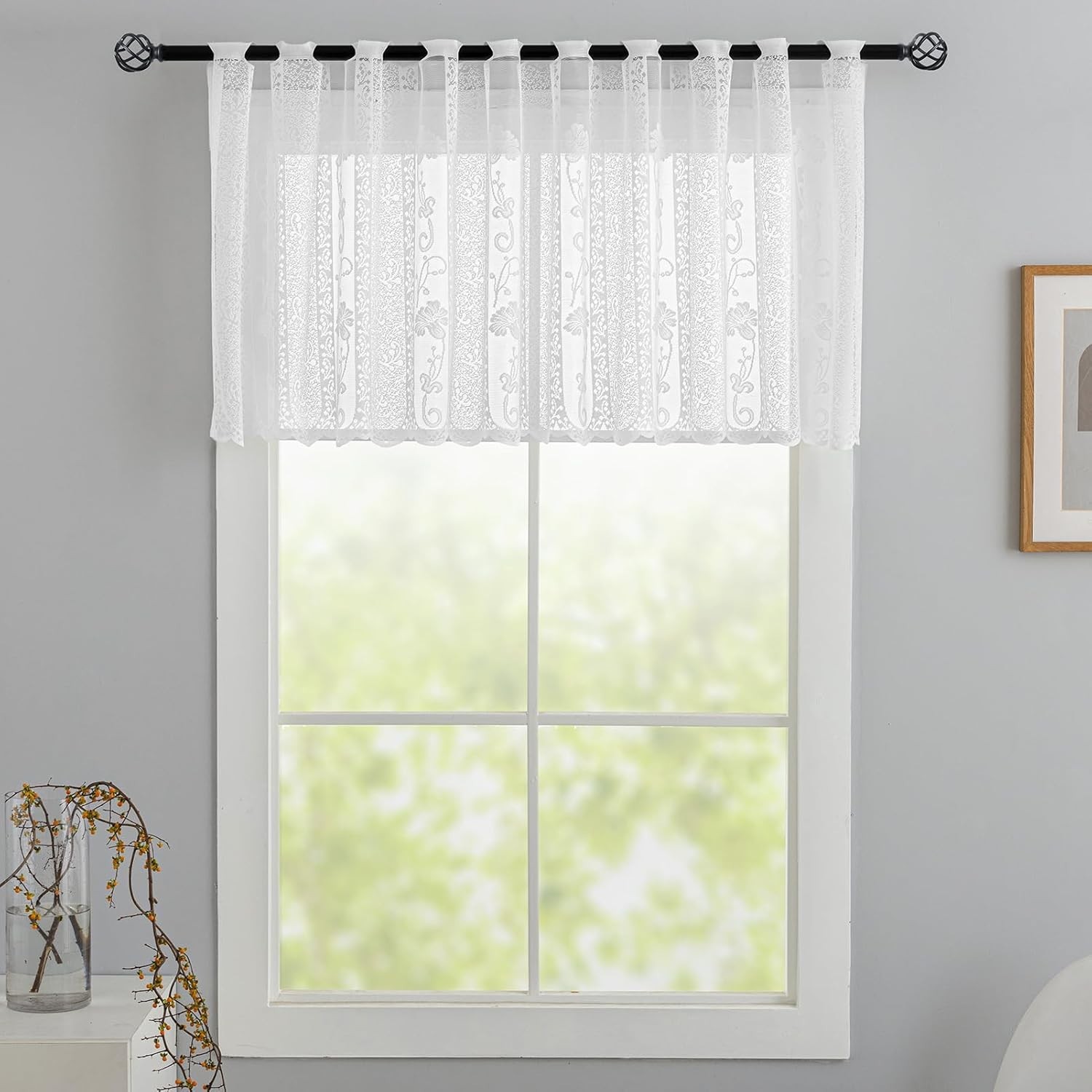 White Lace Valance Curtain W66 x L22 Inch Length 1 Panel Vertical Striped