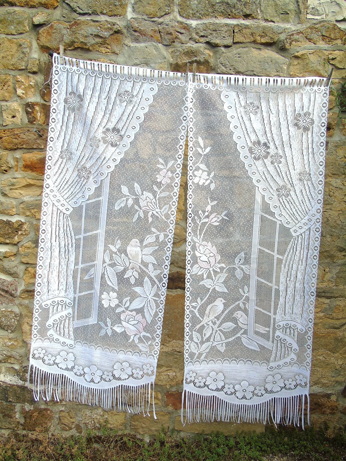 French pair white pastel curtains lace motif window bird flower 24» x 62» each