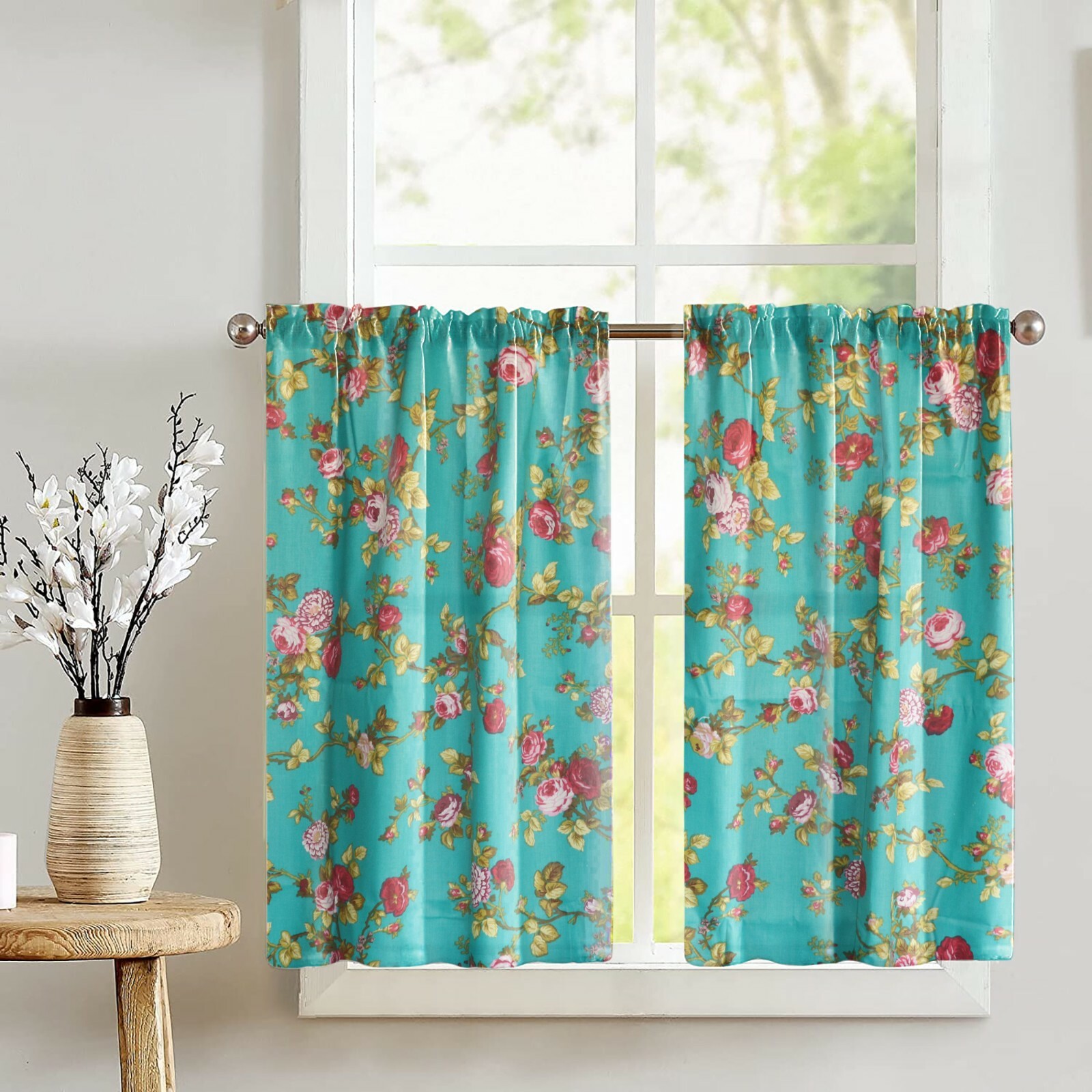 Poly Cotton Vintage Floral Print Café Tier Curtains Kitchen Home Décor