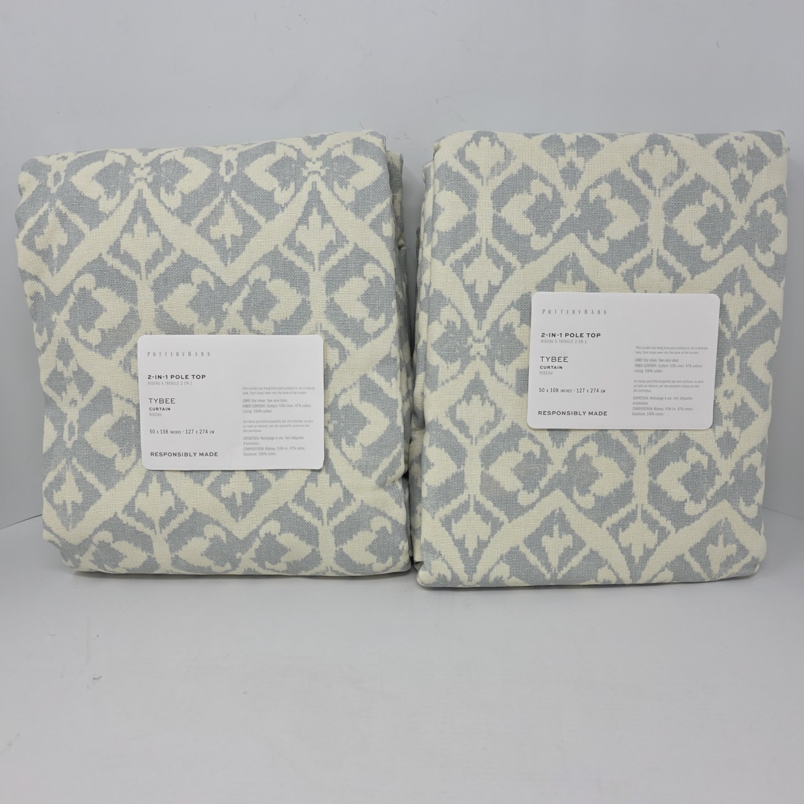 Pottery Barn Tybee Printed Linen Cotton Curtains set 2 50″x108″ Sea Glass TWO
