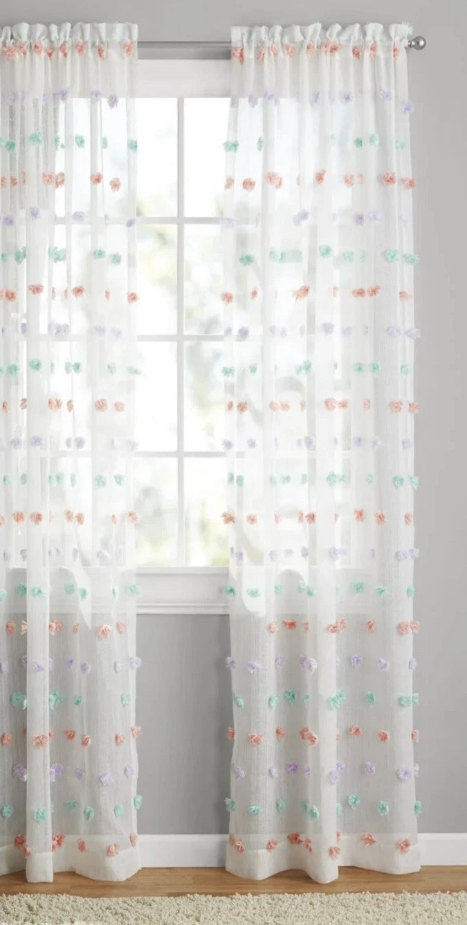 YOUR ZONE POM POMS CURTAIN PANEL 38X84 SHEER WHITE PASTEL COLORS EUC