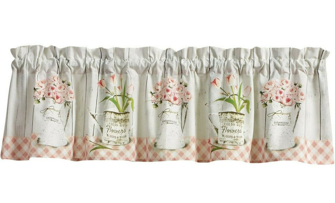 NEW FARMHOUSE PEONIES TULIPS WINDOW CURTAIN VALANCE GRAY PEACH PINK BLACK CREAM