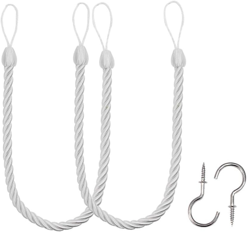 Stylish White Curtain Tiebacks with 2 Metal Screw Hooks – 2 Pack of Holdbacks