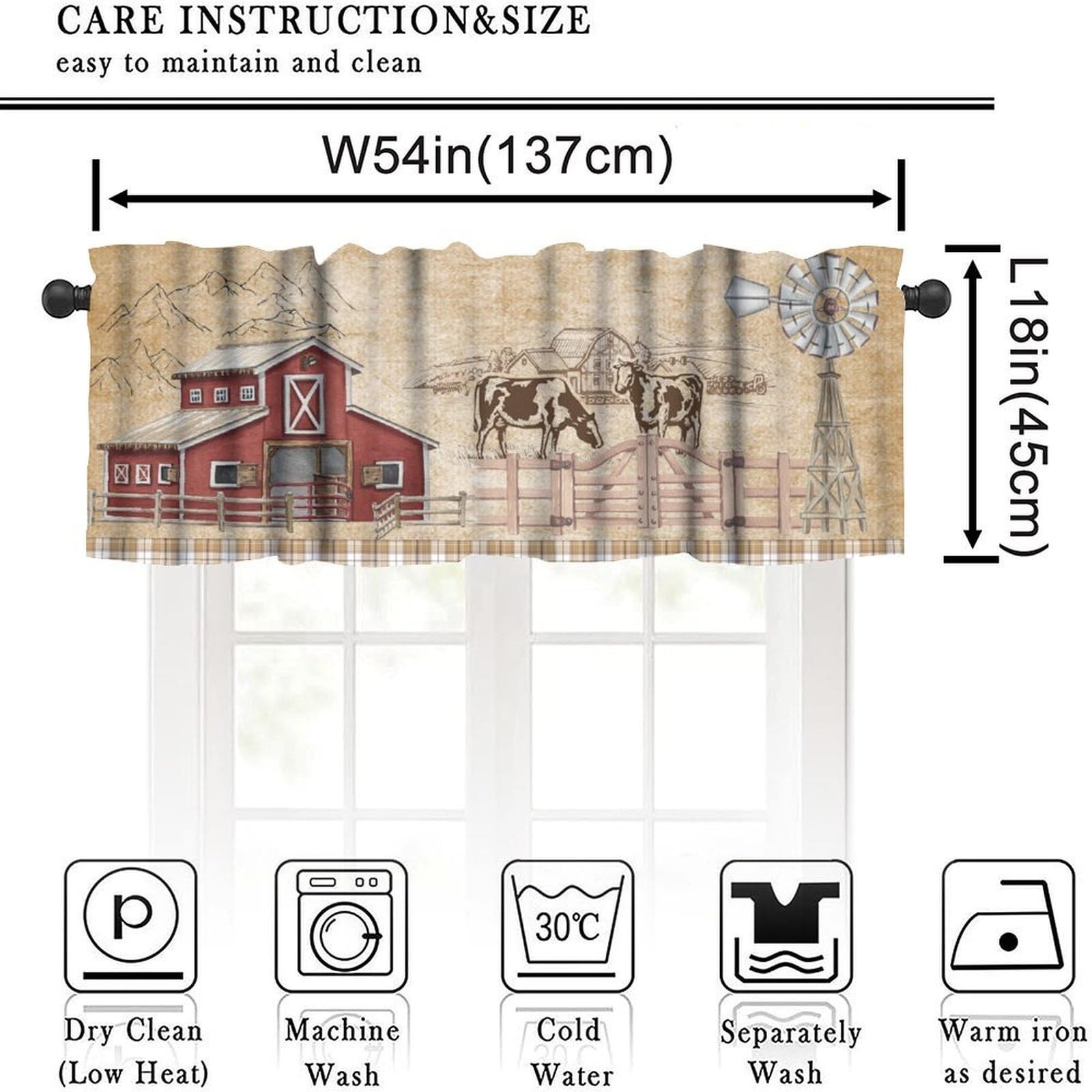Rustic Farm Kitchen Curtain Valance Vintage Red Barn Cow Windmill Window Trea…