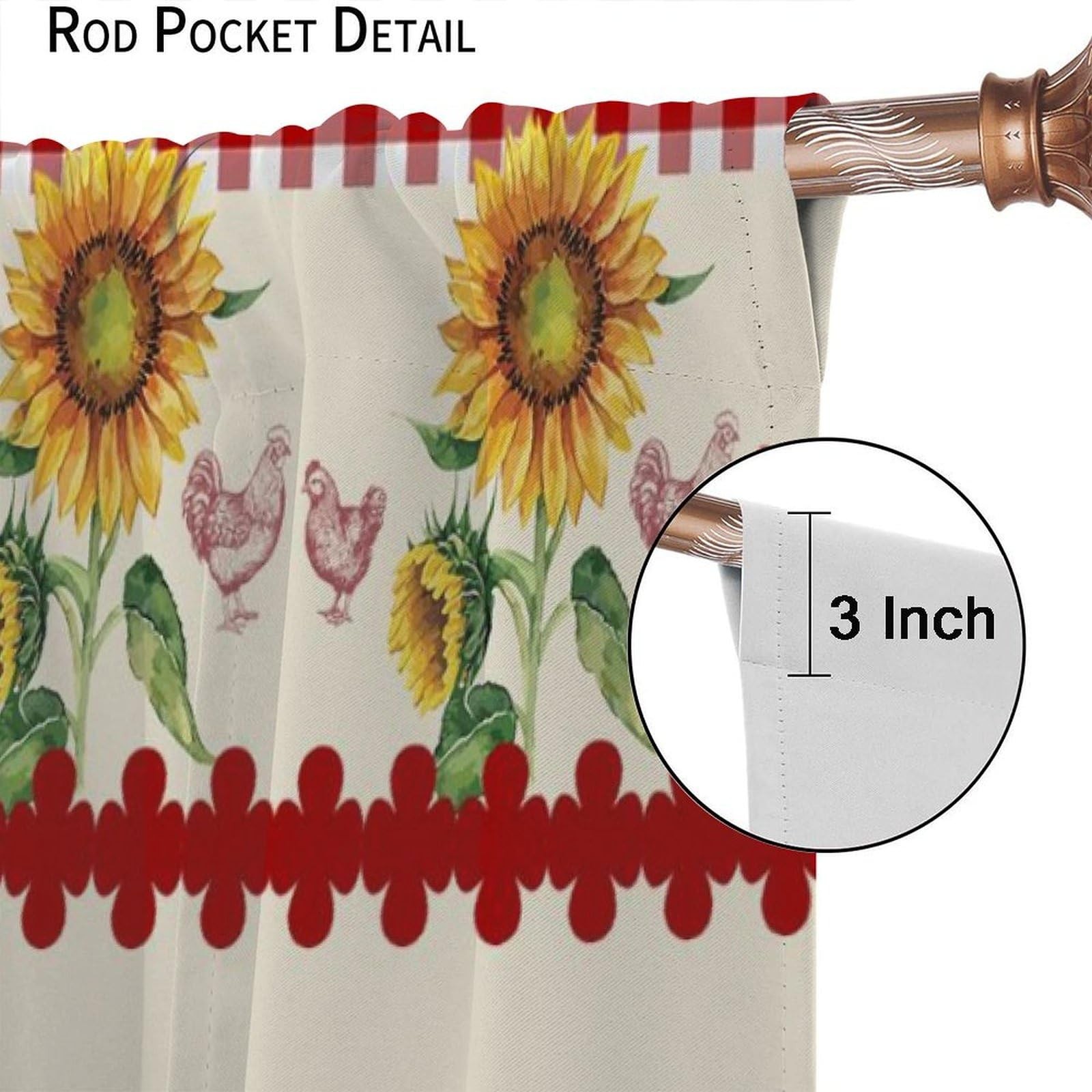 Rustic Rooster Curtain,Vintage Chicken Red Plaid Country Farm Sunflower Windo…