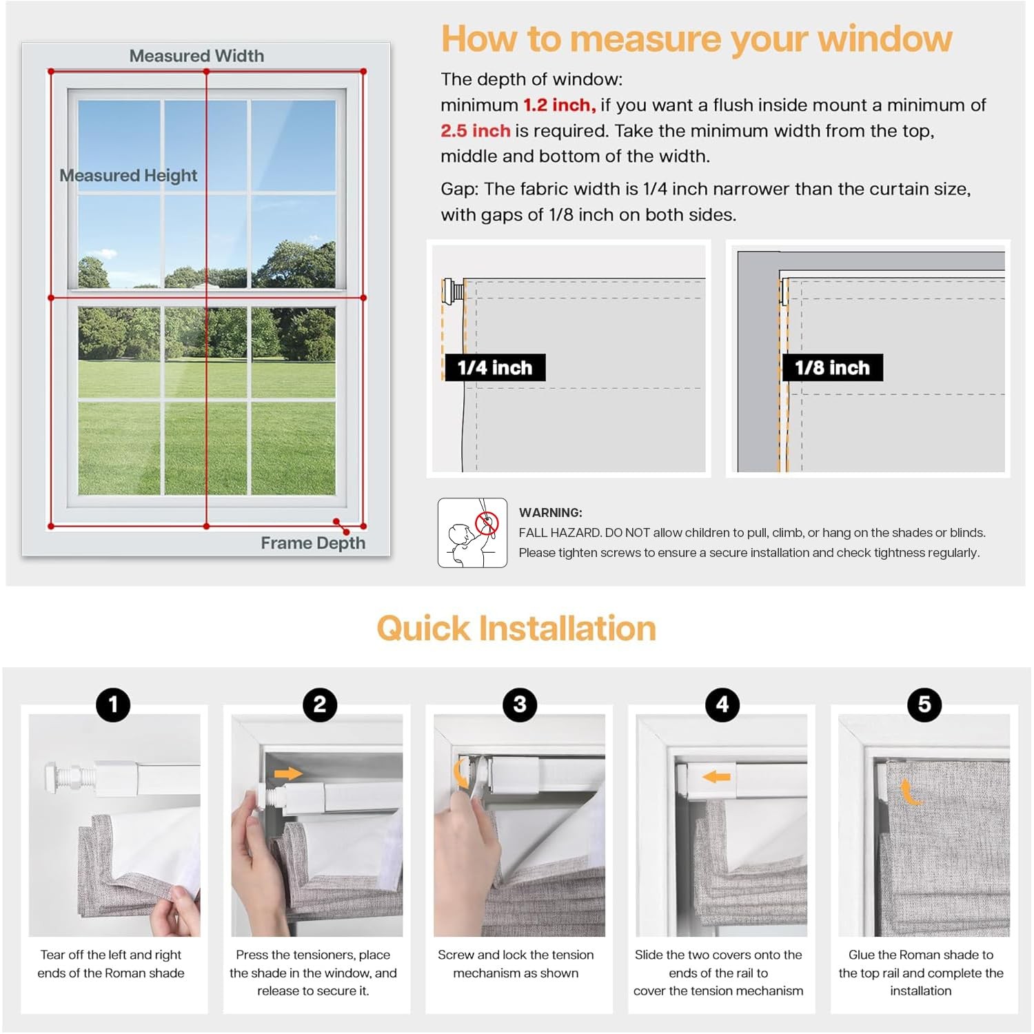 No Tools No Drill Cordless Roman Shades for Windows, Blackout Thermal Insulat…