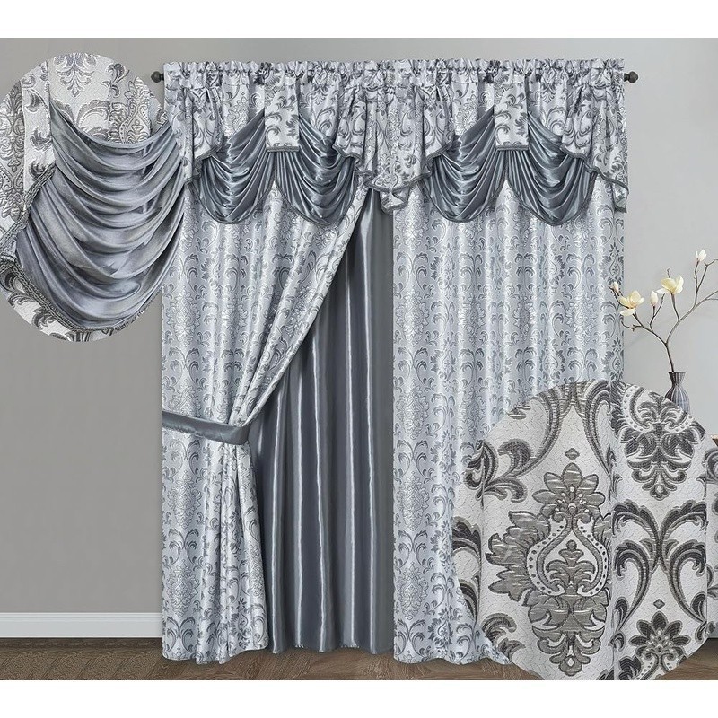 Jacquard Curtains W/ Valance Light-Filtering Polyester Fabric Privacy Protection