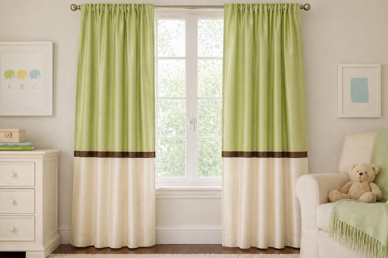 New Pottery Barn Kids Silk Block Curtain Panels Set 2 63” Length Green Ivory