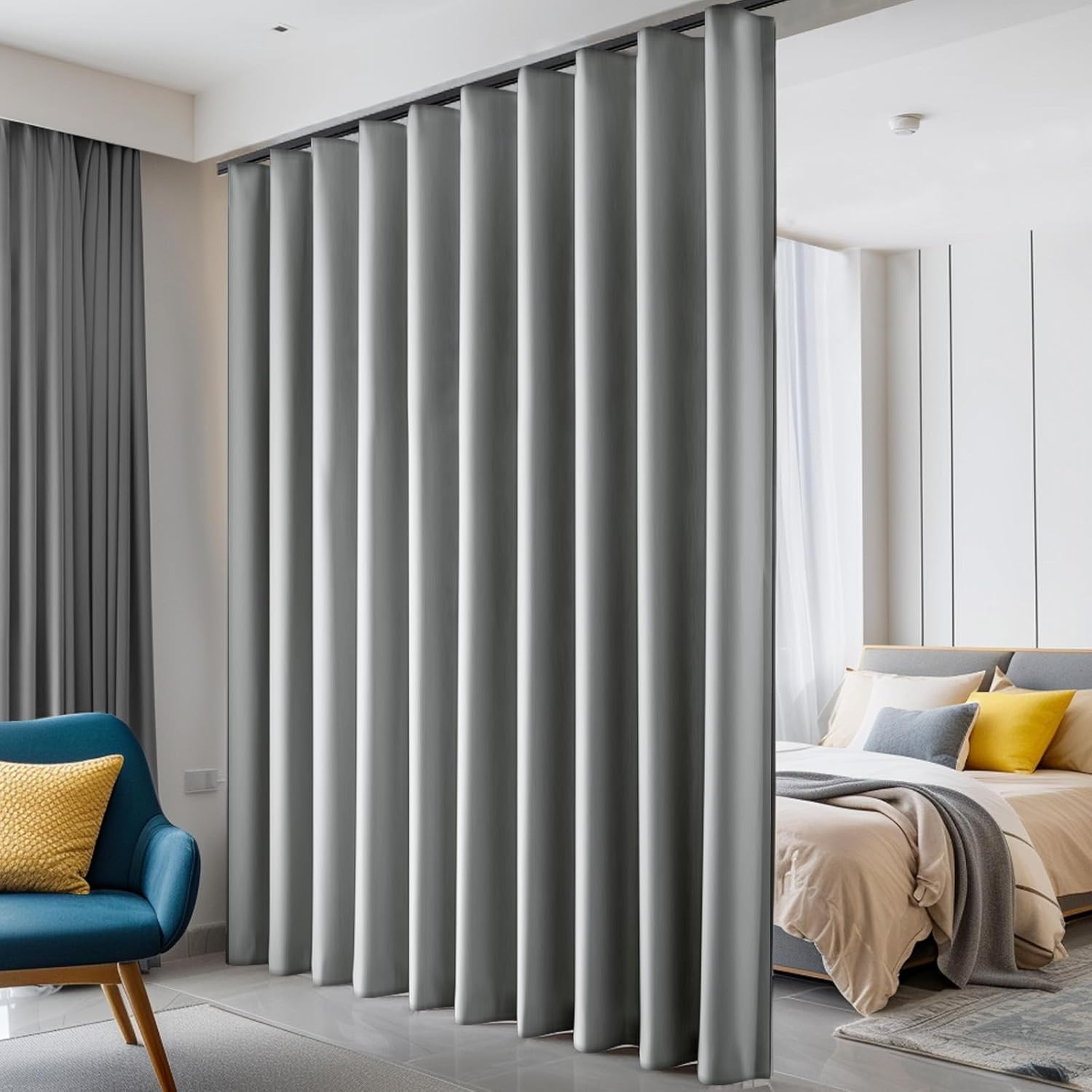 Light Grey Blackout Room Divider Curtains with Ceiling Track, W120 H108