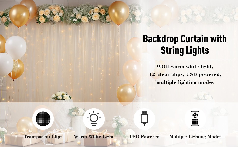 30x10ft Champagne Tulle Backdrop Curtain with Lights String for Parites, Sheer