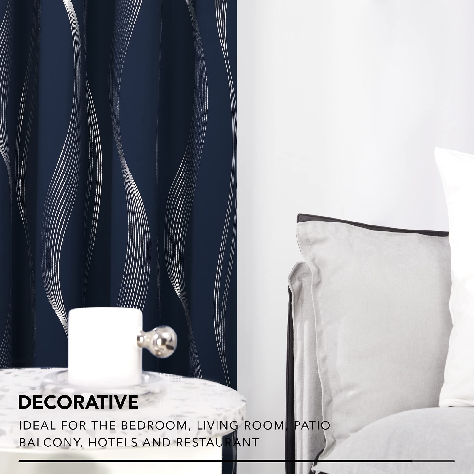 Silver Wave Print Blackout Curtains – Thermal Insulated & Noise‑Reducing Grom…