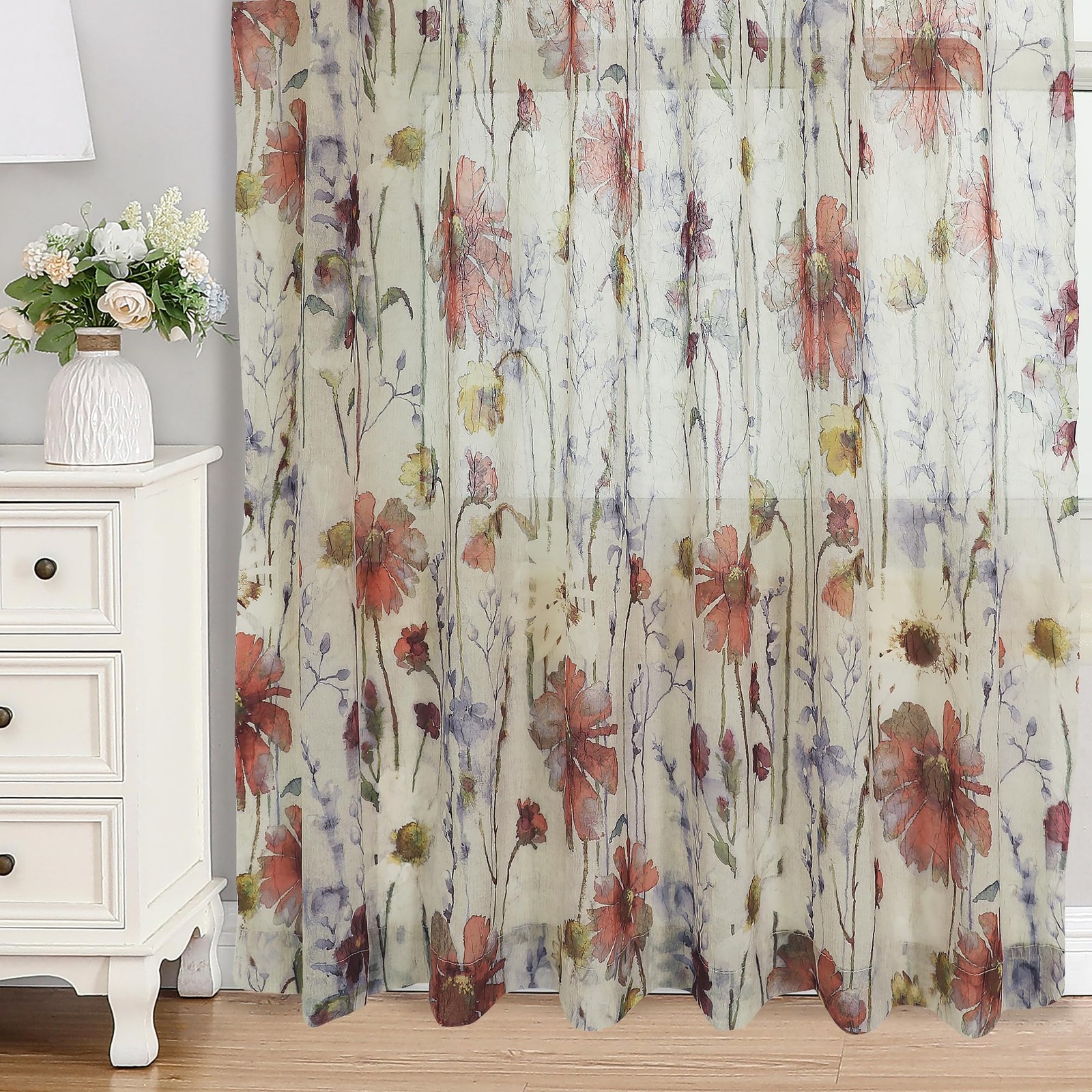 OWENIE Crushed Sheer Curtains 63 Inches Length 2 Panels Set, Sheer Floral Cur…
