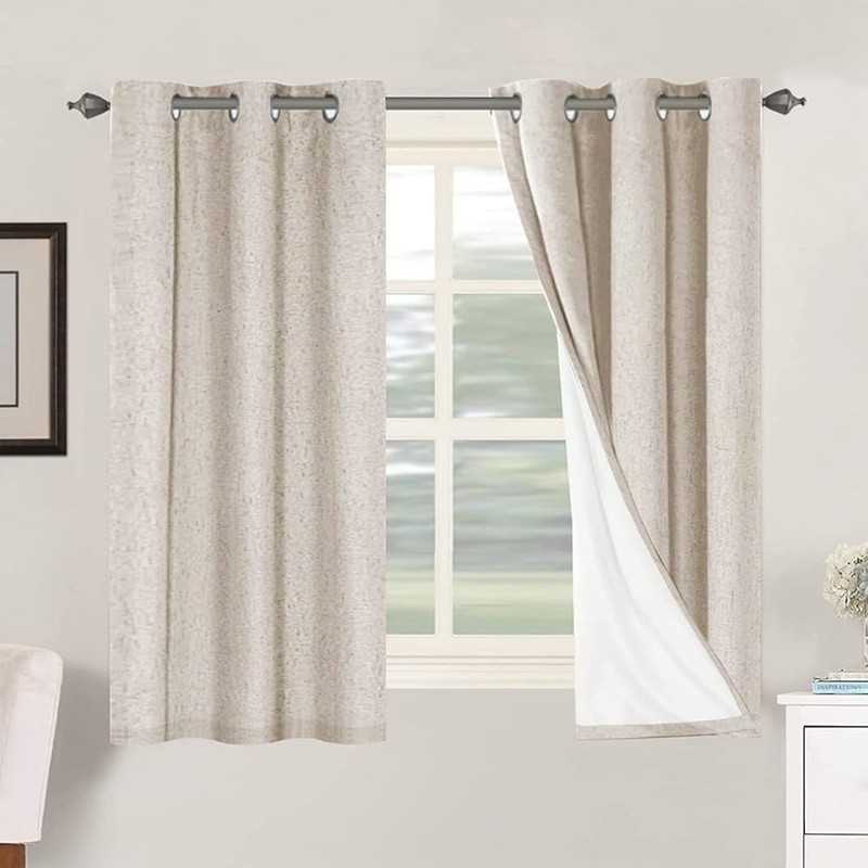 Blackout Linen Look Curtain Panels Eco-Friendly Draperies Noise Reducing New