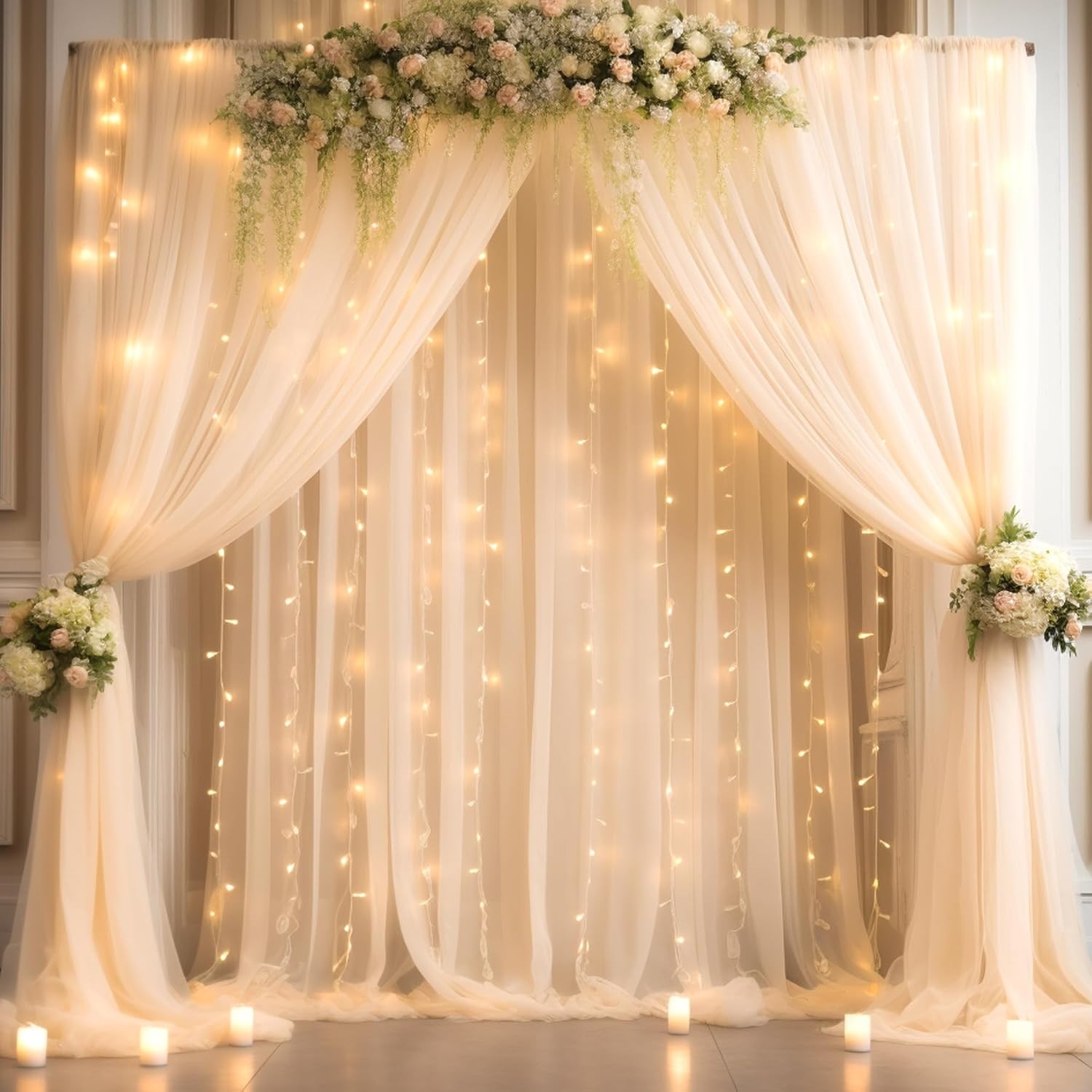 30x10ft Champagne Tulle Backdrop Curtain with Lights String for Parites, Sheer