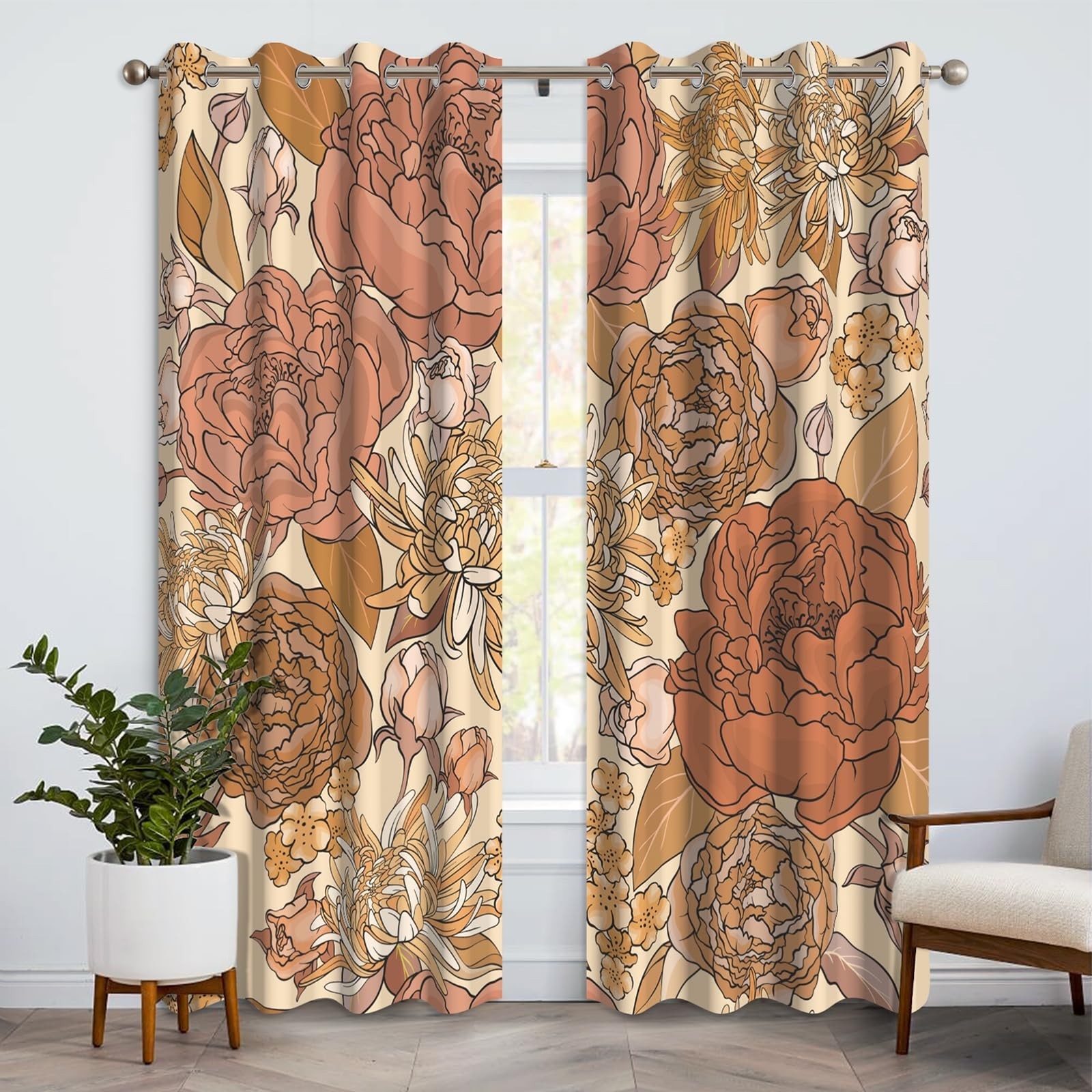 Boho Floral Blackout Curtains for Bedroom – Yellow and Orange Farmhouse Curta…