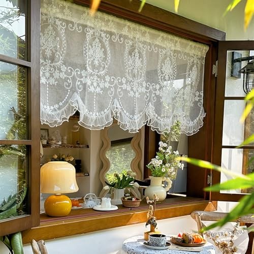 Short Lace Valances for Windows, Ruffle Lace Pearl 43″W x 26″L (Pack of 1)