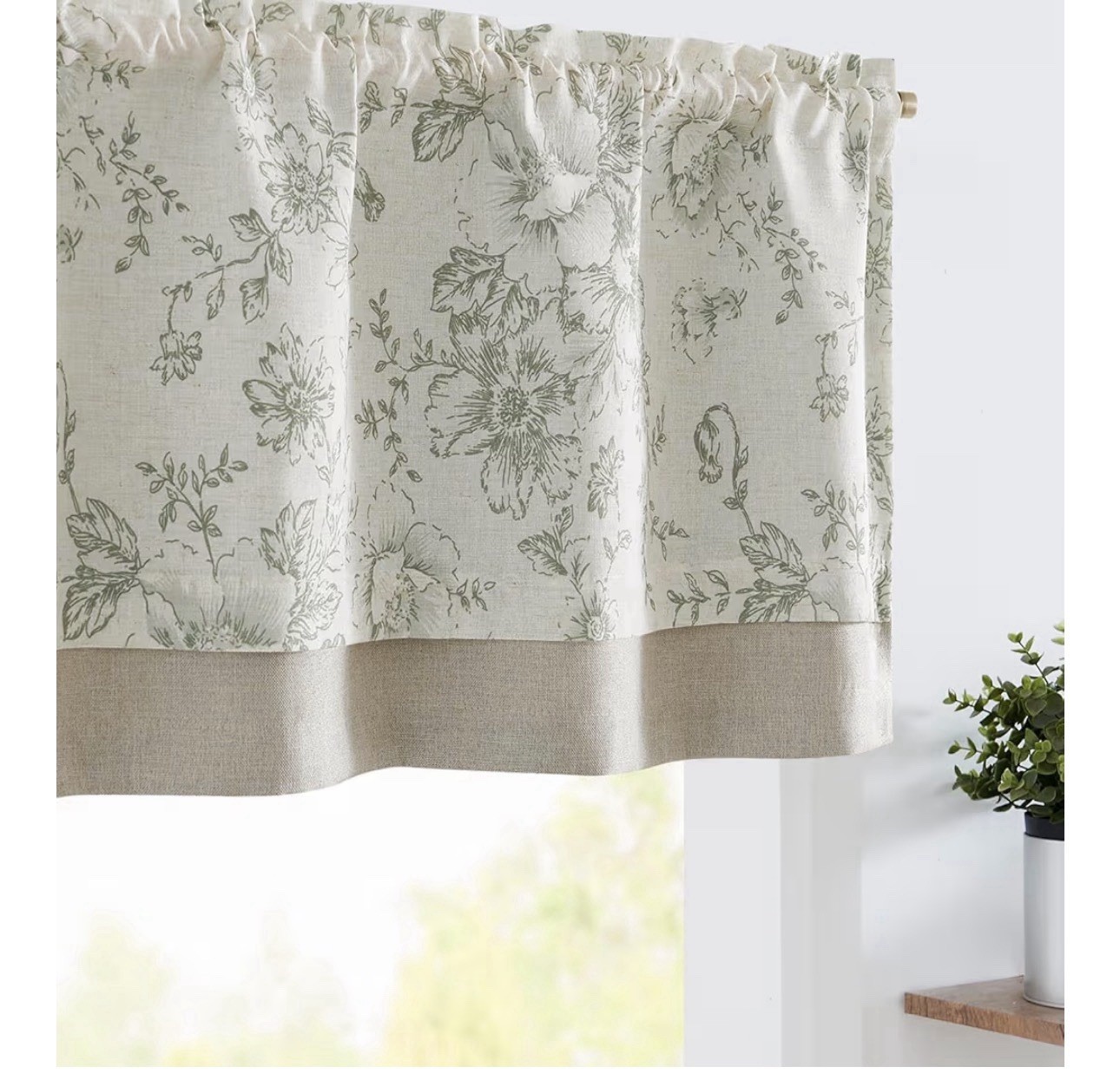 Jinchan Linen Valance Curtain Double-Layer Green/Beige Flowers 1 Panel 50x18L”