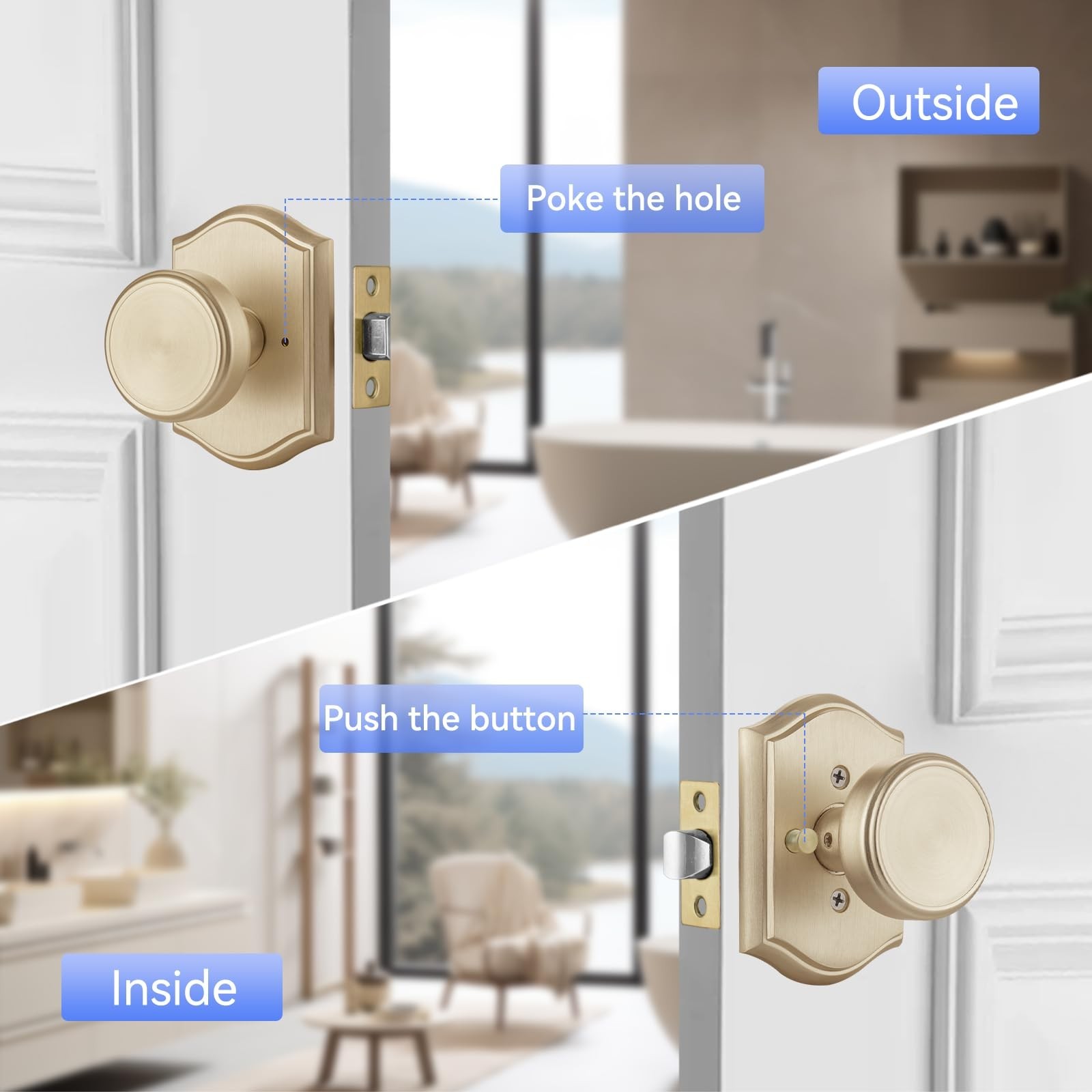 6 Pack Brushed Gold Door Knobs, Interior Pismo Doorknob with Camelot Trim, Sa…