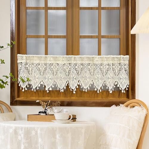 Rustic Crochet Curtains Valance for Kitchen Cotton W35 L15 Inch Beige Sheer