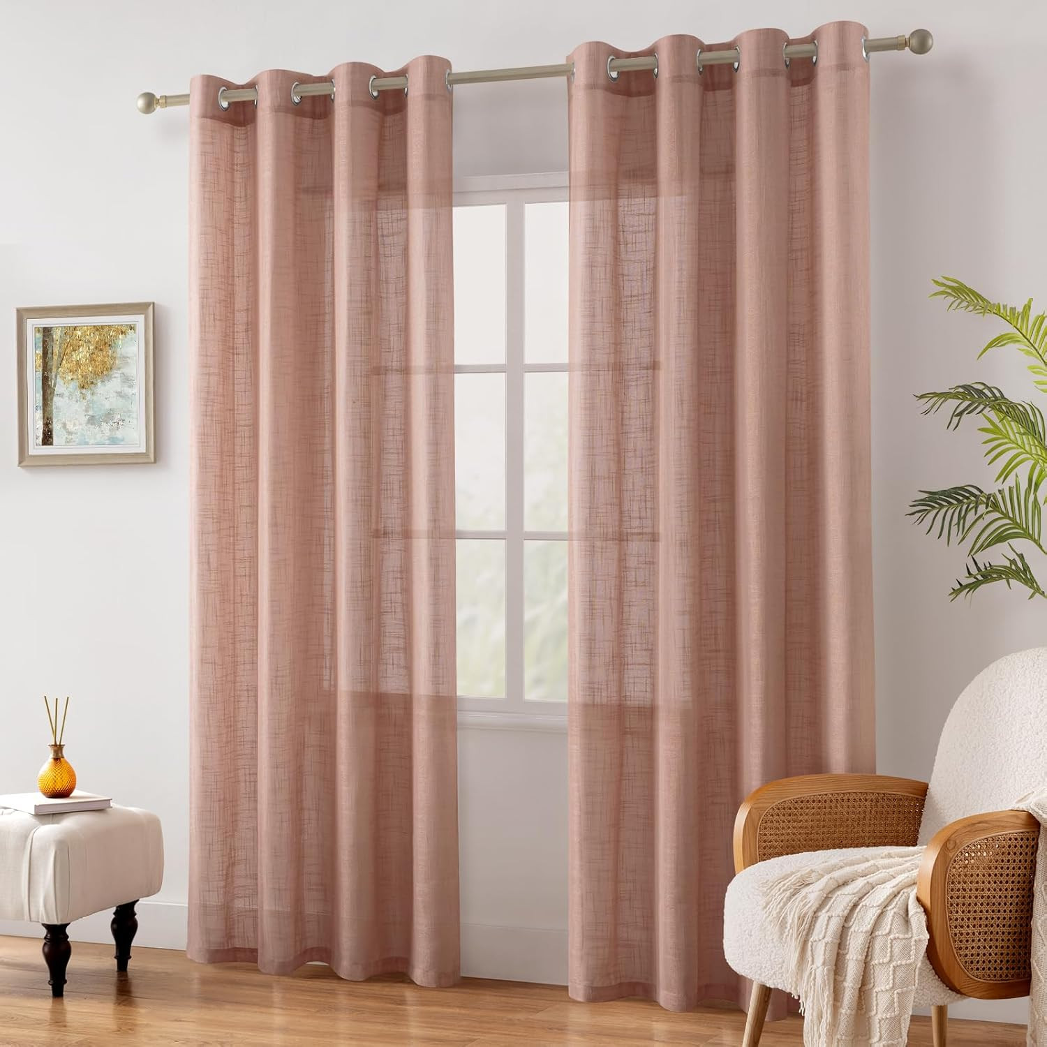Blush Pink Linen Sheer Curtains, 84 Inches Long 2 Panels Textured Dusty Blush Se