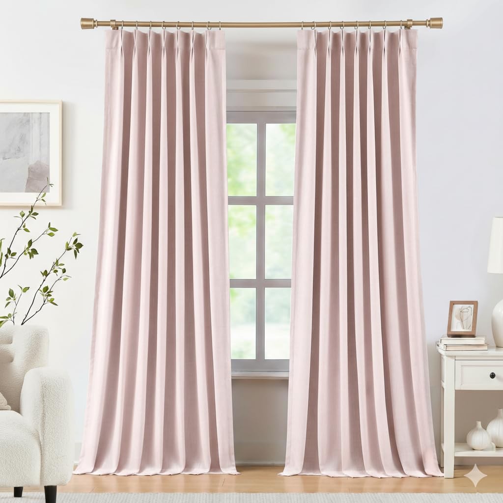 Kayne Studio Soft Pink Pinch Pleated Full Blackout Curtains Linen Blend Room