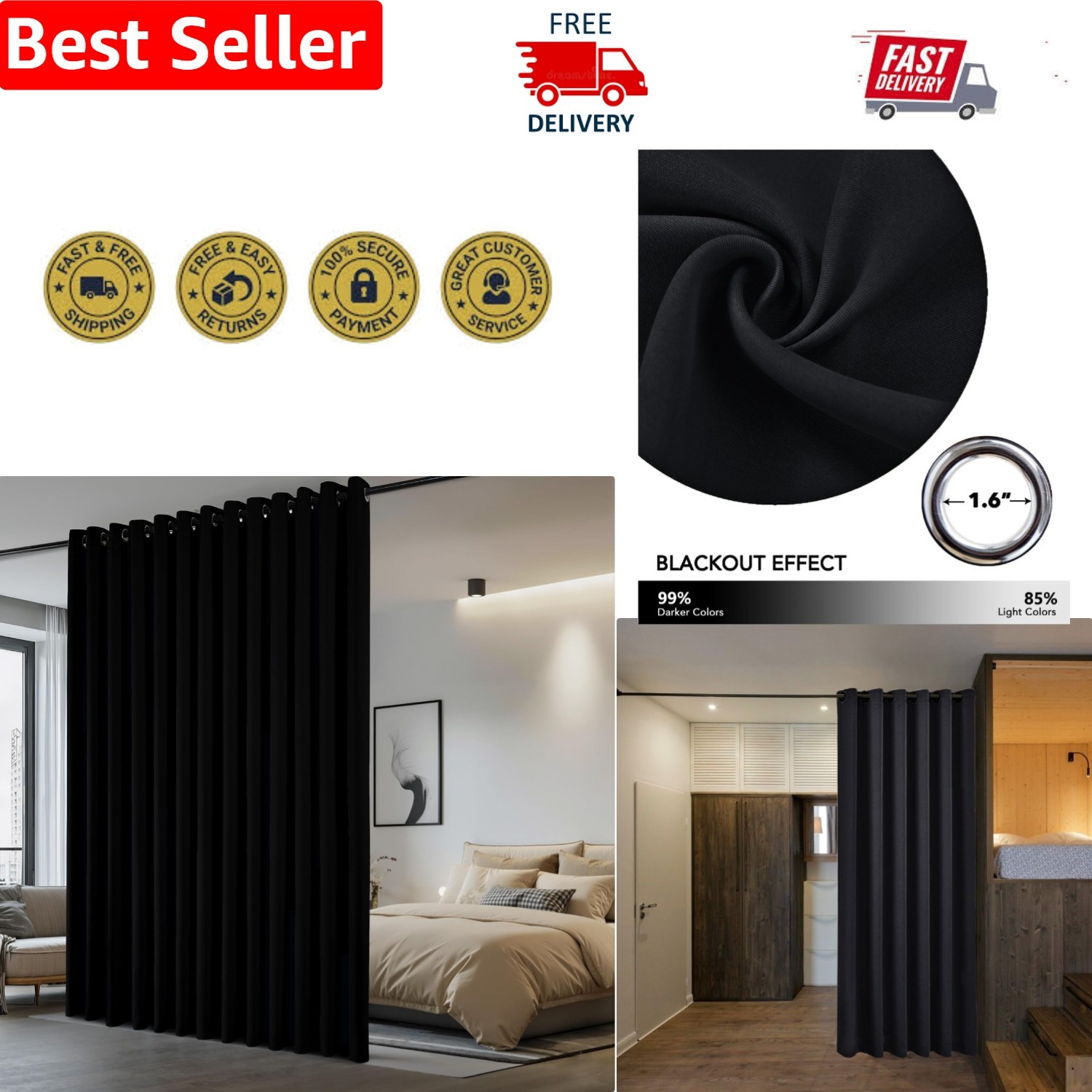 Black 8ft x 10ft Room Divider Curtain – Dual Function for Soundproof Privacy
